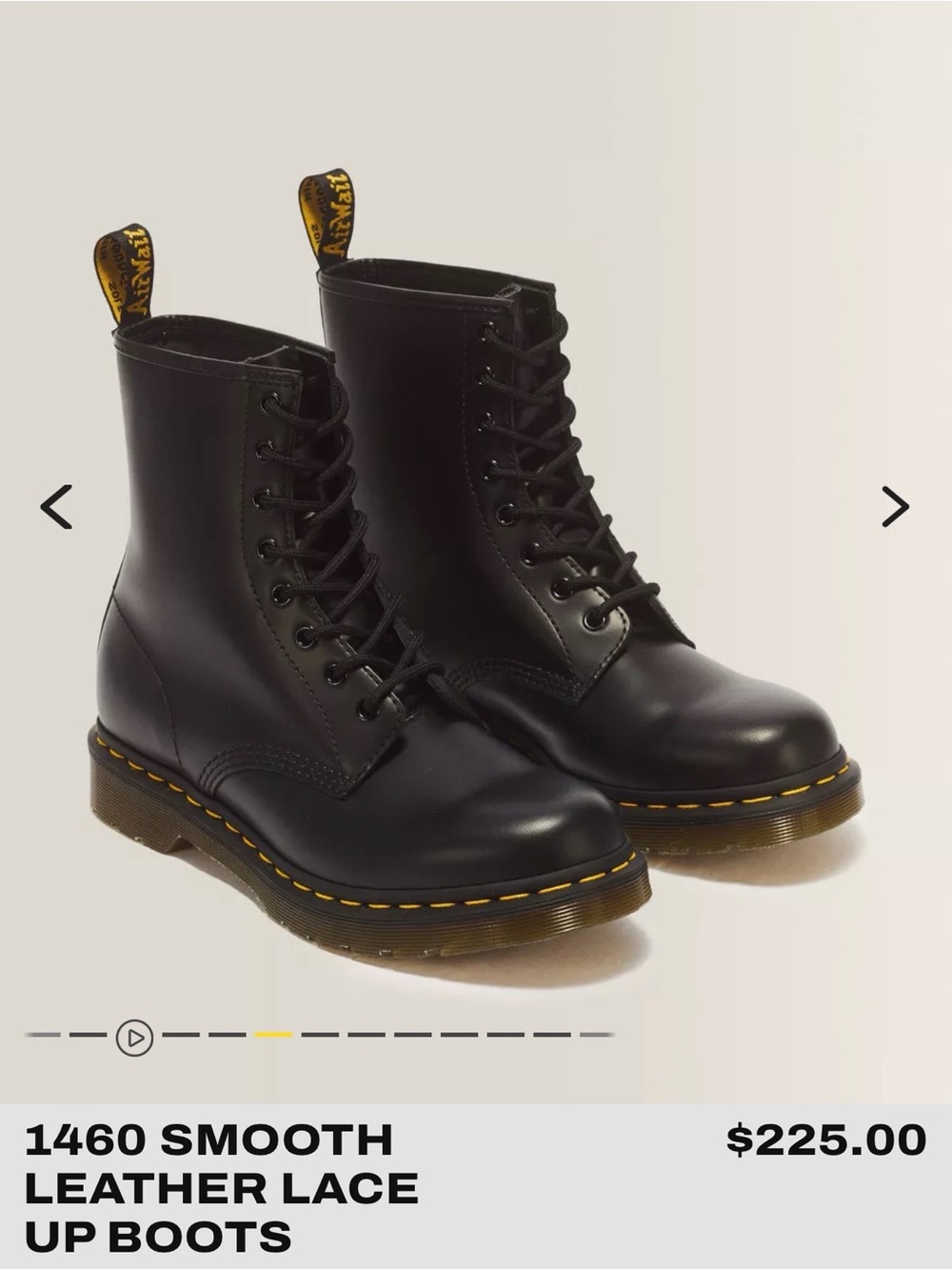 Dr. Martens Black Smooth Leather 8-Eye Lace-Up Boots with Yellow Stitching